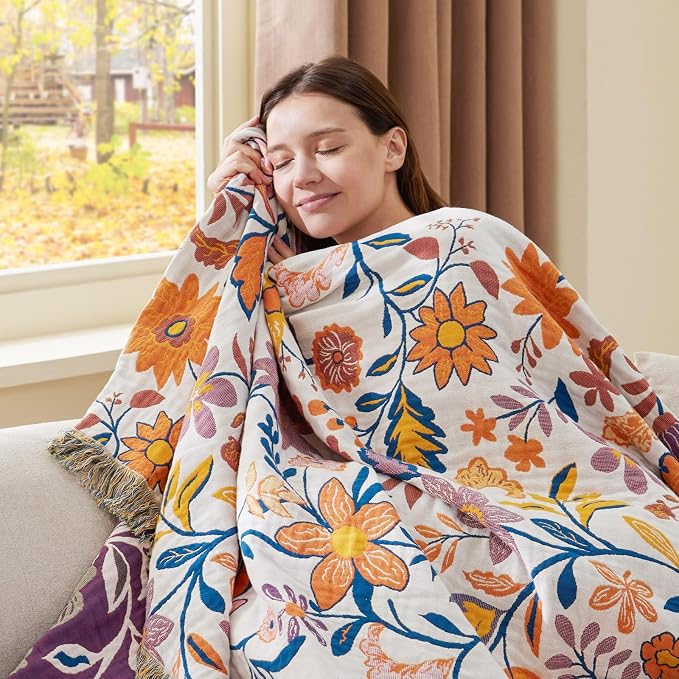 100% Cotton Boho Throw Blanket for Home Decor – Classic Farmhouse Quilt Bedding, Muslin Blankets for Adults, Vintage Woven Decorative Blanket for Couch, Bed Layering Use, Botanic Floral, 60"x80"
