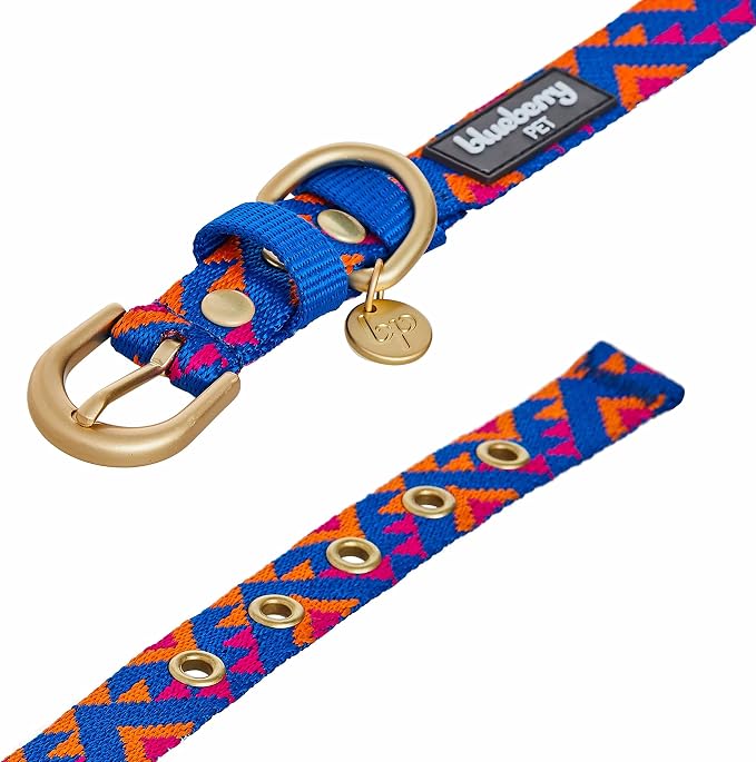 Blueberry Pet Southwestern Tribal Triangles Navy Blue Adjustable Dog Collar with Metal Buckle, Neck 13-16.5", for Medium Breed