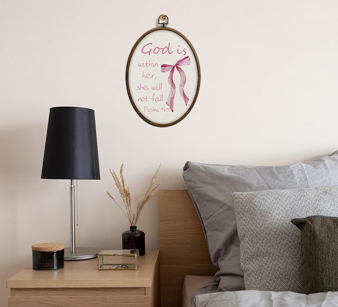 Coquette Pink Bow Christian Oval Wall Art, Bible Verse Scripture Oval Framed Wall Art, Waterproof Cottage Core Home Decor for Western Farmhouse Bedroom Living Room, Home Retro Decor Products, 05