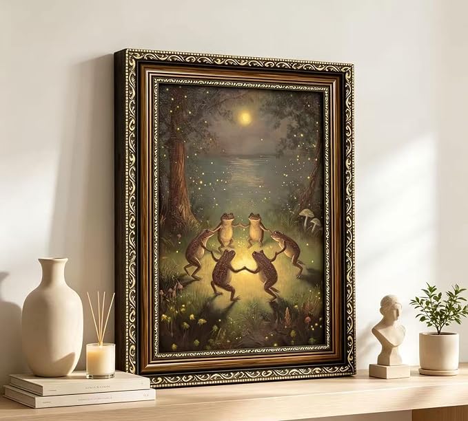Vintage Gold Framed Frog Wall Art,Frogs Dancing in Moonlight Forest Painting Canvas Prints,Whimsical Animal Wall Decor,Retro Country Toad Poster Artwork for Corridor Living room Bedroom Kitchen