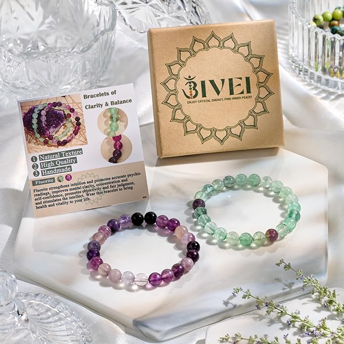 Bivei Natural Gemstone Semi Precious Healing Crystals Handmade Stretchy Round Beads Bracelet,Stocking Stuffers for Women Enhance Positive Energy