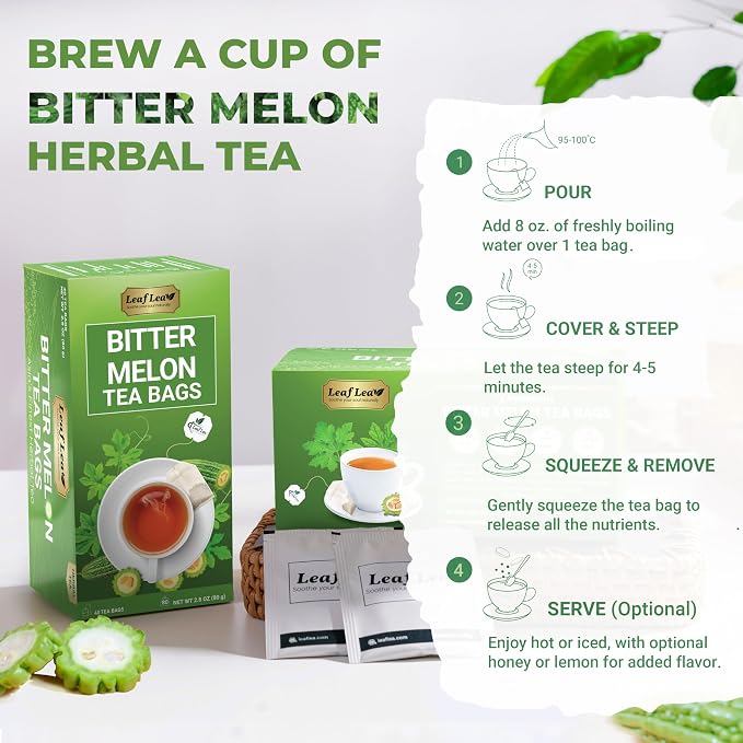 LeafLea Bitter Melon Tea Bags, Wellness & Digestion Support, 40 Count | Natural Cundeamor & Melon Amargo Gohyah Fruit Tea, Caffeine-Free, Sugar-Free, Non-GMO, Vegan, Single Box