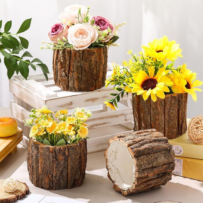 12 Pcs Wooden Vase for Centerpieces Wedding Flower Table Centerpieces Woodland Party Decor Rustic Farmhouse Bark Stump Buckets Vintage Planter Pots for Garden Baby Shower Window Home (Large)
