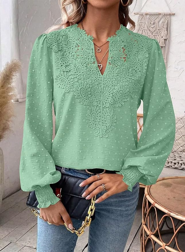 Womens Tops Swiss Dot Boho Long Sleeve Shirts V Neck Casual Chiffon Blouses Flowy Lace Hem Cute Clothing Trendy 2026