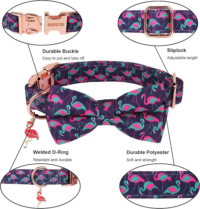 ADOGGYGO Flamingo Dog Collar with Bow Tie, Summer Hawaiian Collar, X-Small