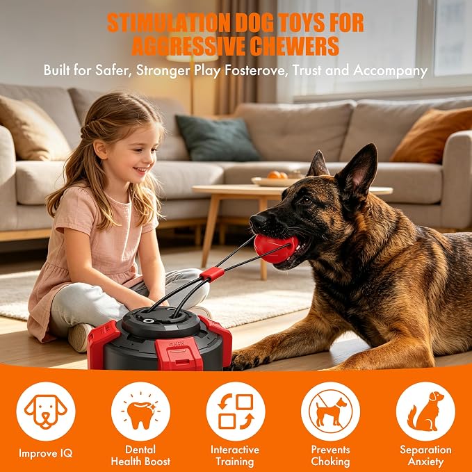 Suction Cup Dog Tug of War Toy for Aggressive Chewers, Interactive Self Play Chew, Puppy Teething Enrichment Puzzle for Mental Stimulation, Dogs Indoor Outdoor (red)