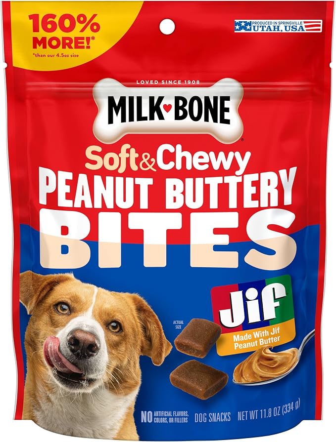 Milk-Bone Soft & Chewy Peanut Buttery Bites, 11.8 Oz. Bag | Soft dog treats with Jif peanut butter
