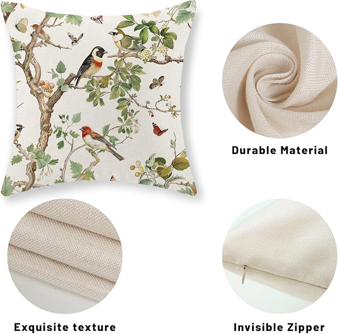 Chinoiserie Pillow Covers 18x18 Inch Set of 2 Green Floral Bird Throw Pillows Vintage Flower Decorations Pillow Cases Outdoor Chinoiserie Decor Farmhouse Linen Cushion Cover for Couch Home