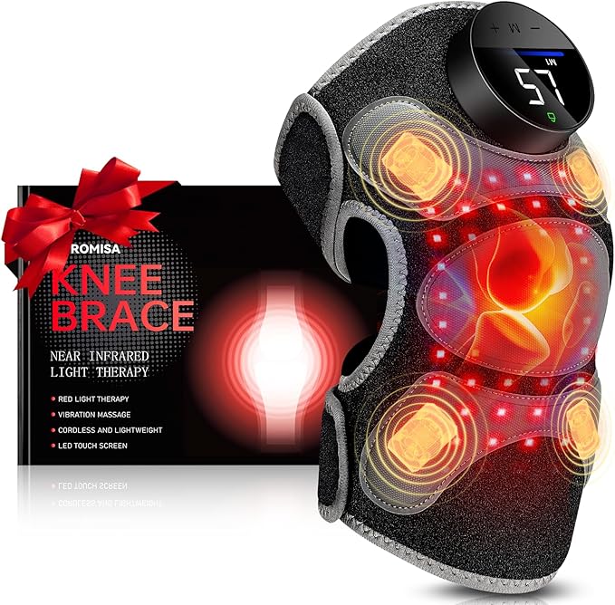 Upgraded PRO Red Light Therapy Knee Brace & 4 Vibration Massage - Rechargeable Controller, 660nm&850nm Red Light Therapy Heated Device for Knee/Elbow/Shoulder