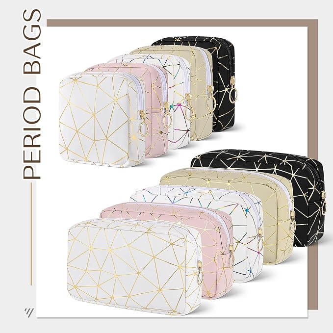 Likesing Sanitary Napkin Storage Bag, Leather Portable Period Bag for Girls Women, Sanitary Napkin Period Pad Pouch Tampon Holder for Purse (Beige Gold, Small-5.1")