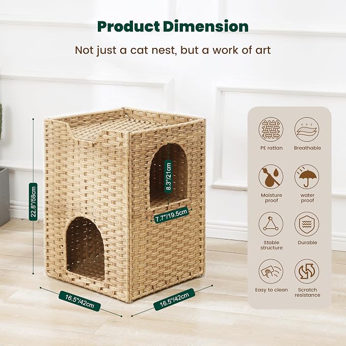 Safety Triple-Layer Cat House for Indoor Cats - Hand-Woven Rattan Cat Cave with 2 Hideaways & 3 Soft Pads - Foldable & Sturdy Cat Condo Furniture for Multiple Cats & Small Pets, Easy Assembly
