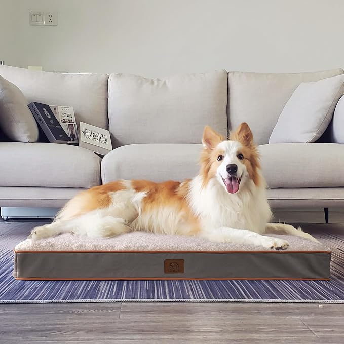 Sunheir Extra Large Orthopedic Dog Bed, XXL Waterproof Dog Crate Bed 44" | Removable Machine Washable Cover, Egg Crate Foam Support, Anti-Slip Bottom, Soft Pet Bed Mat for Crate, Light Grey