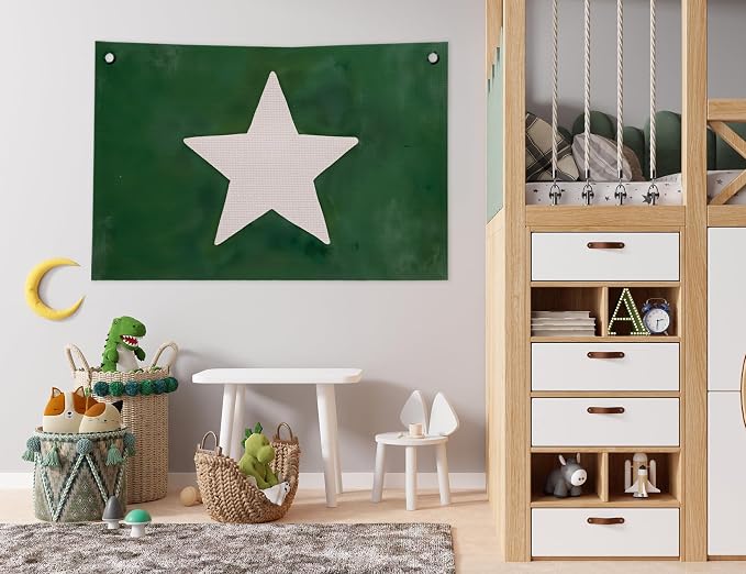 Retro Dark Green Star Canvas Banner, Kids Boys Room Pennant Flag Wall Art for Boys Room Bedroom Playroom, 30x20 in