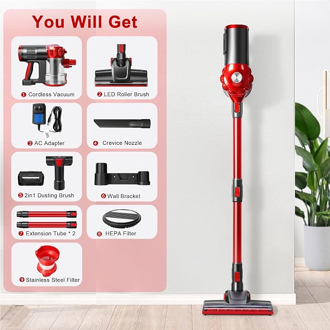 elezon A200 Cordless Vacuum Cleaner, Stick Vacuum with Powerful Suction, Max 38 Mins Runtime, Rechargeable Battery, HEPA Filter, Portable Lightweight Vacuum Cleaners for Home, Hard Floor, Pet Hair