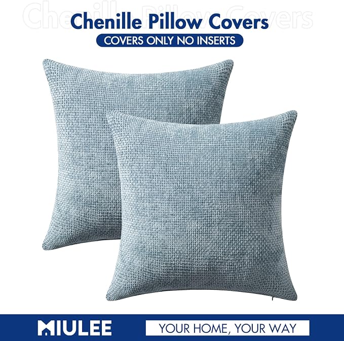 MIULEE Decorative Couch Throw Pillow Covers 18x18 Inch Coastal Blue 2 Pack | Coastal Modern Boho Accent, Soft Chenille Pillow Covers, Farmhouse Cushion Cases for Home Decor Bed Sofa Living Room