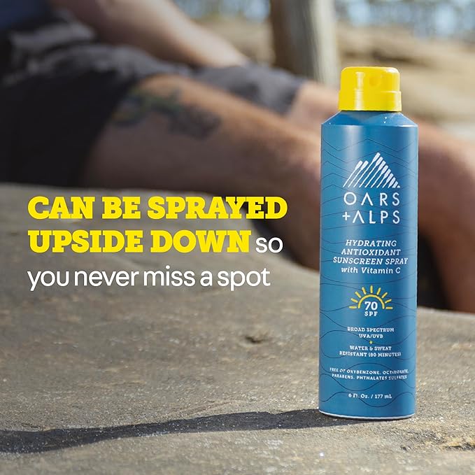 Oars + Alps Sunscreen Spray for Face & Body Spray Sunscreen Infused with Vitamin C & Antioxidants, No White Residue, Water & Sweat Resistant, All Skin Types, Lightweight, Hydrating, SPF 70, 6 Oz, 1pk