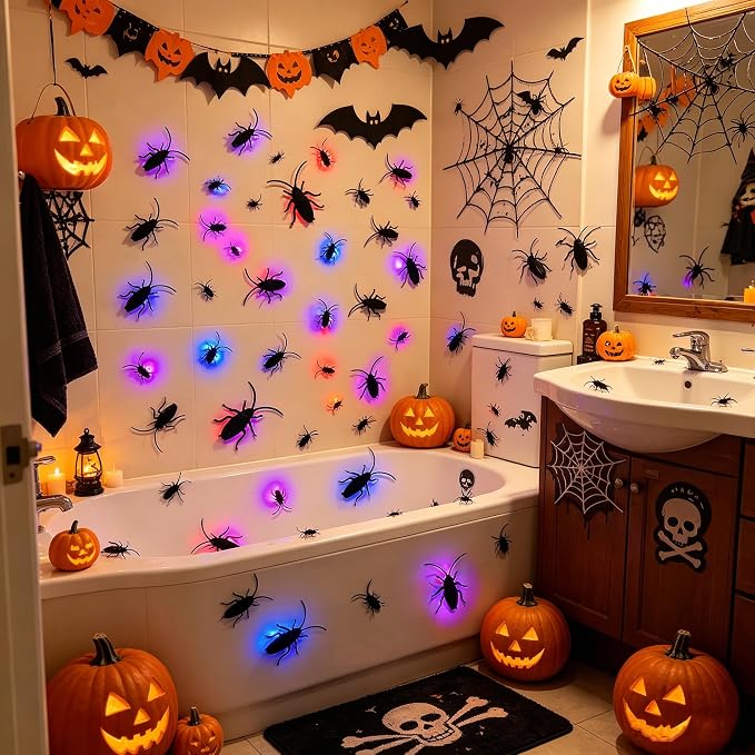 DR.DUDU 36 Pack Halloween Wall Decor 3D Cockroach Window Stickers | LED Lights, Removable PVC, Assorted Sizes, Light Up Roach Wall Decals, Indoor Outdoor Bathroom Home Party Decor