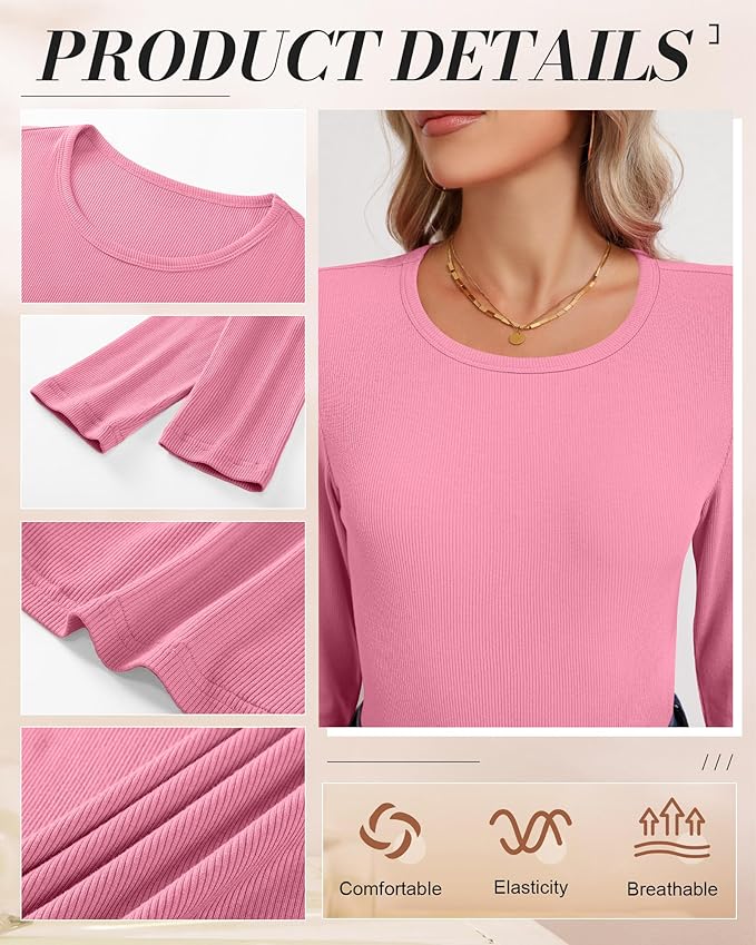 Ficerd 3 Pack Women's Ribbed Long Sleeve Tops, Crew Neck Slim Fit Undershirts Knit Basic Casual Stretch Layering Tee Shirts