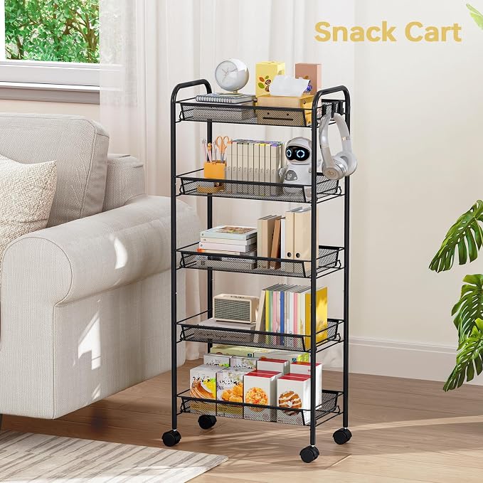 TOOLF 5 Tier Rolling Cart, Metal Utility Storage Cart with Wheels, Black | 3 Hooks, Screwless Assembly, Trolley Organizer for Bathroom, Kitchen, Office, Nursery, Dorm, Laundry Room