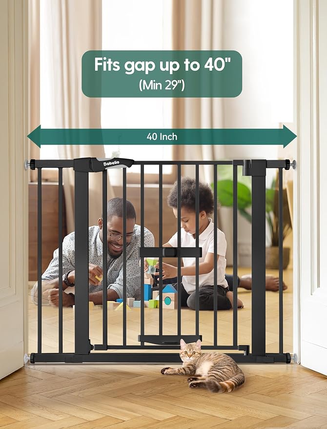 Babelio Baby Gate with Cat Door, CatPrivilege II, 29-40" | Auto Close, 6-Level Adjustable Metal Gate with Pet Door for Stairs & Doorways, Pressure Mounted, No Drilling, Black