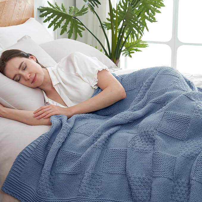 Knit Throw Blanket, Soft Chenille Cozy Breathable Checkered Chunky Decorative Blanket for Couch, Bed & Sofa, French-Inspired Lightweight Warm Gift for Women, Washed Blue, 50"x60"