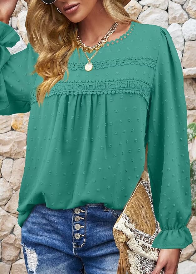 Womens Boho Tops Long Sleeve Shirts For Women Cute Crewneck Blouse Dressy Casual Swiss Dot Crochet Hollow Top 2026