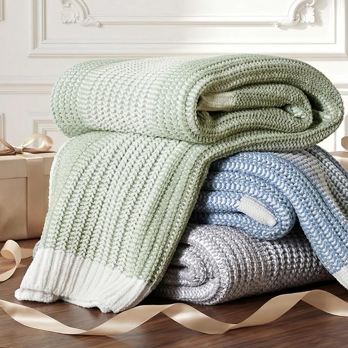 Premium Chenille Throw Blanket, Soft Cozy Luxury Two-Tone Knit Blanket for Couch, Sofa, Chair, Home Decor, Sage Green & Ivory 50"x60"