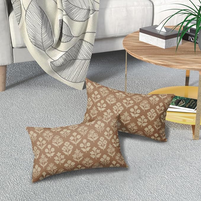 Brown Pillow Covers 12x20 Inch Set of 2, Cream Floral Block Print Pattern Lumbar Decorative Throw Pillowcases Outdoor Farmhouse Rectangle Cushion Covers Spring Summer Sofa Couch Bed Decor