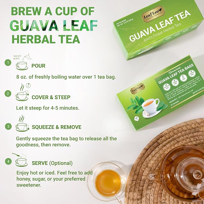 LeafLea Guava Leaf Tea Bags, Te De Guayaba, Sugar-Free, 80 Count | Real Hojas De Guayaba, Naturally Sweet And Caffeine-Free — Foil-Sealed Per Bag, 80 Bags To Keep And Share