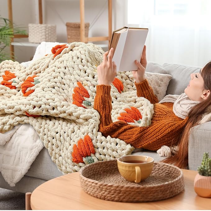 Fall Pumpkin Chunky Knit Throw Blanket 50" x 60",Beige | Large Handmade Chenille Loop Yarn Fluffy, Soft Knitted Throw, Big Cozy Thick Cable Knit Crochet Blanket, for Couch Sofa Bed