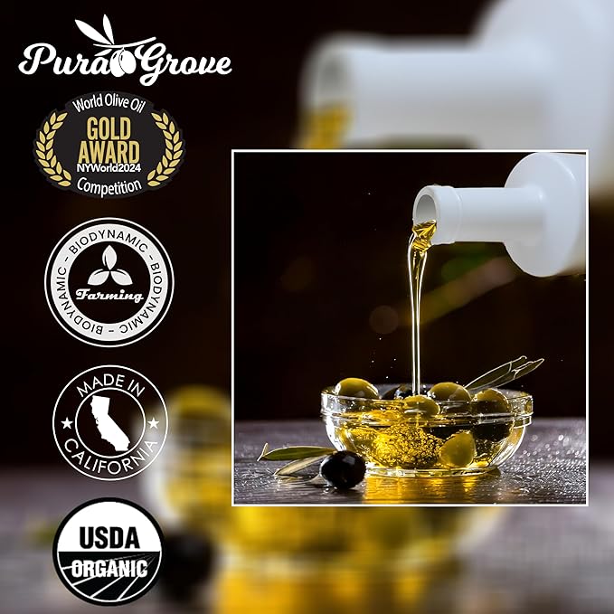 Pura Grove Organic Cold Pressed Extra Virgin Olive Oil Premium Grade - High Polyphenol - Hand Harvested & California Grown - 16.9Oz Opaque Glass Bottle