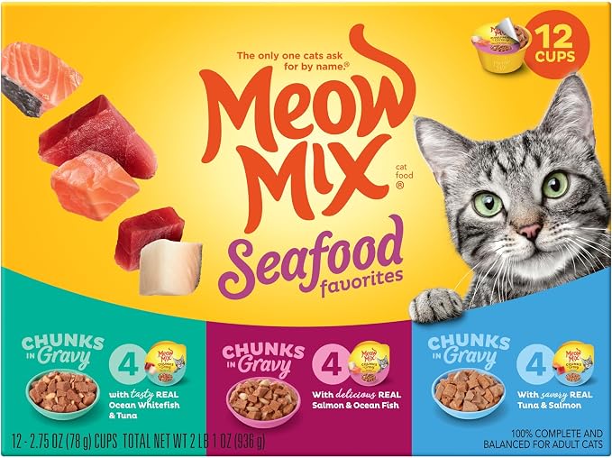 Meow Mix Seafood Favorites, Wet Food Variety Pack, 12 Cups