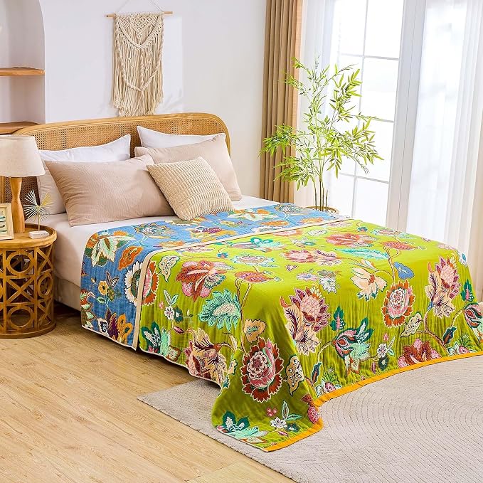 XIBLC Fall Throw Blanket, 100% Cotton Soft Rustic Boho Throw Blanket for Bed, 60"x80" Farmhouse Decor Bed Flower Blankets, Light Weight Reversible Bohemian Throw Quilt