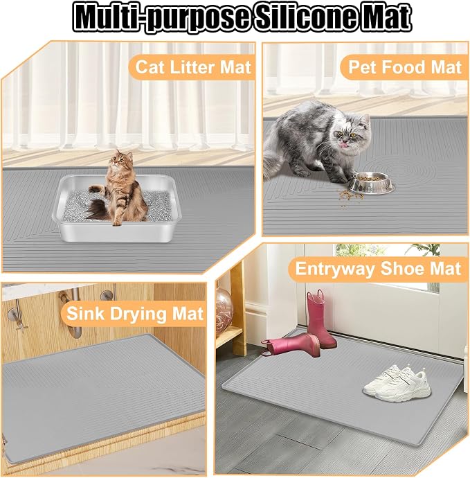 Silicone Cat Litter Mat 50" x 36" Cat Mat for Litter Box, Light Grey | Extra Large Cat Litter Trapping Mat for Floor, Waterproof, Non-Slip Kitty Litter Box Mat with Raised Edge, Easy to Clean
