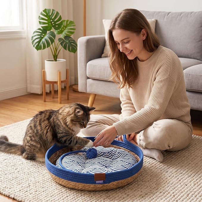 VIVIKIT Natural Cattail Cat Bed for Indoor Cats, 18.1" x 4.7"(Blue) | Natural cattail, cotton trim, all season, scratch-proof, teaser ball, removable washable pad, for cats & dogs up to 22 lbs
