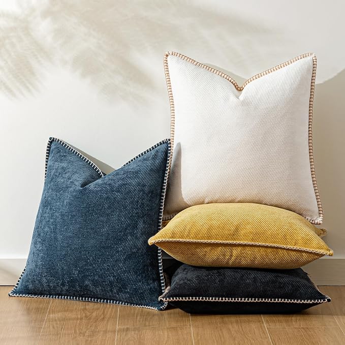 a moment Pack of 2 Decorative Chenille Throw Pillow Covers with Twill Cushion Covers for Sofa Living Room Couch Bed18x18 Inch,Crafted Border Blue