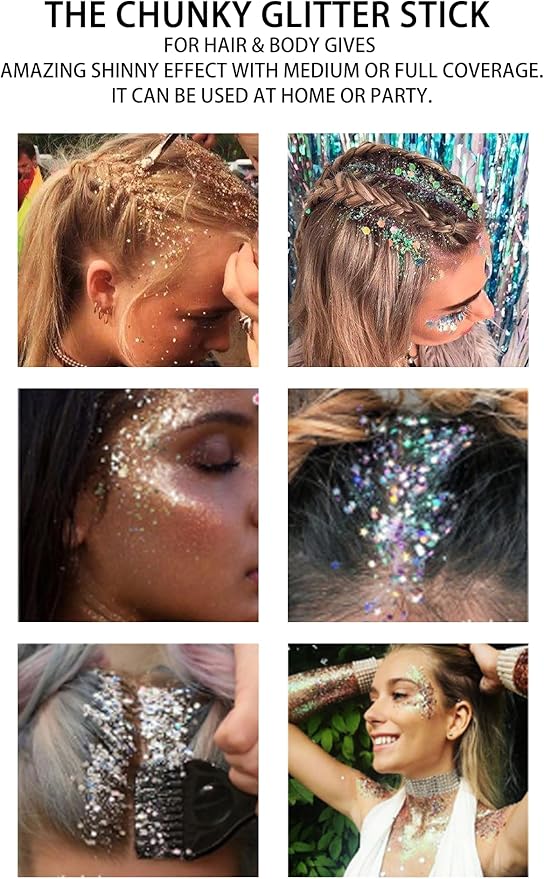 Face and Body Glitter Stick,Sparkling Neon Accessories Outfit Party Holographic Sequins Paint Mardi Gras Hair and Body Glitter Gel Makeup. (Red &Green & White)