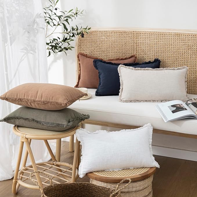 Foindtower Set of 2 Decorative Linen Fringe Throw Pillow Covers Cozy Boho Farmhouse Cushion Cover with Tassels Soft Accent Pillowcase for Couch Sofa Bed Living Room Home Decor, 24×24 Inch, Beige