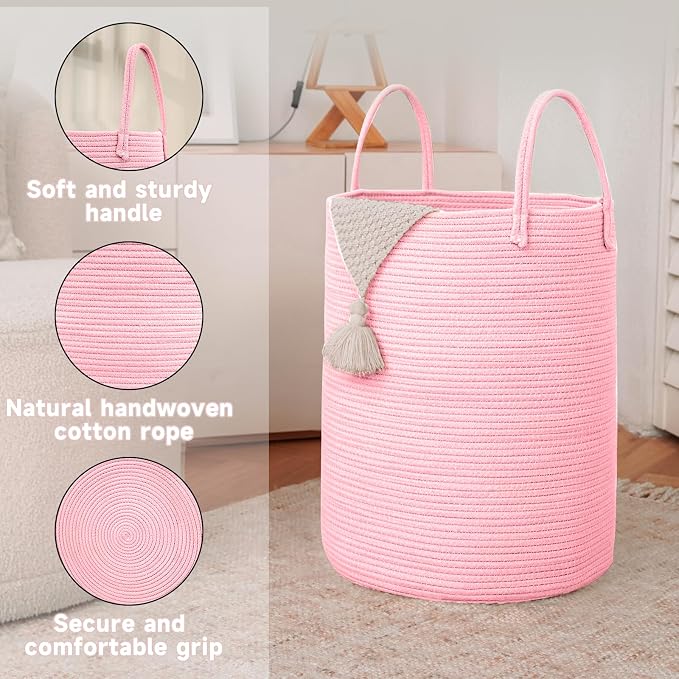 JMvicyroam 80L Cotton Rope Laundry Basket Hamper, Pink | Collapsible laundry basket, reinforced handles, freestanding, machine washable, holds 3-5 thick blankets, clothes or toys