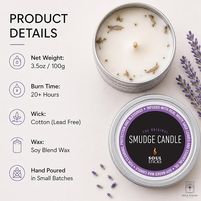 SOUL STICKS Smudge Candle for Cleansing House, Meditation, Chakra Healing, Aromatherapy (White Sage & Lavender)