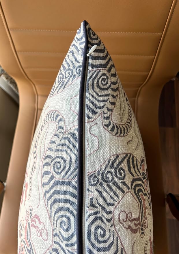 Chinoiserie Tiger Print 20x20 Throw Pillow Cover, Grey | Folk-art chinoiserie tigers on off-white slub, grey piping; both sides printed; hidden z; cover only