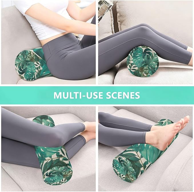 Neck Roll Pillow Bolster Pillows Round Health Memory Foam Long Cervical Cylinder Bolsters Body Removable Washable Cover Bed Legs Back Yoga Palm Leaves Tropical Green