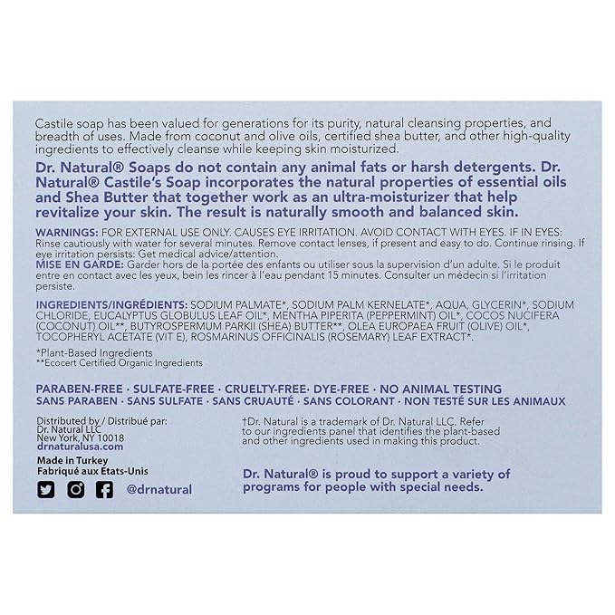Dr. Natural Castile Bar Soap - Multipurpose Soap Bar with Anti-Acne Properties - For Face, Body, Hair - Sensitive Skin Body Wash - Peppermint - 5 oz..