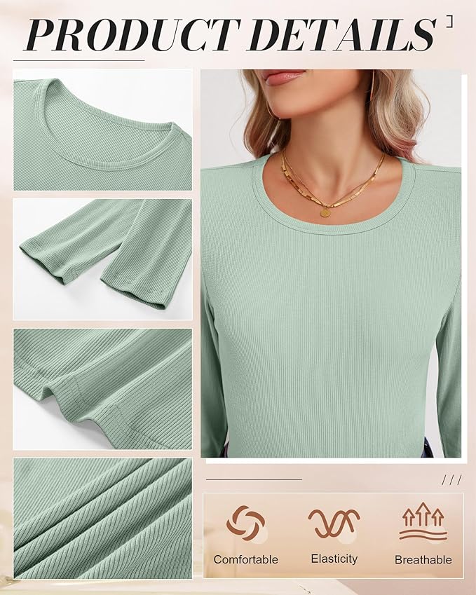 Ficerd 3 Pack Women's Ribbed Long Sleeve Tops, Crew Neck Slim Fit Undershirts Knit Basic Casual Stretch Layering Tee Shirts