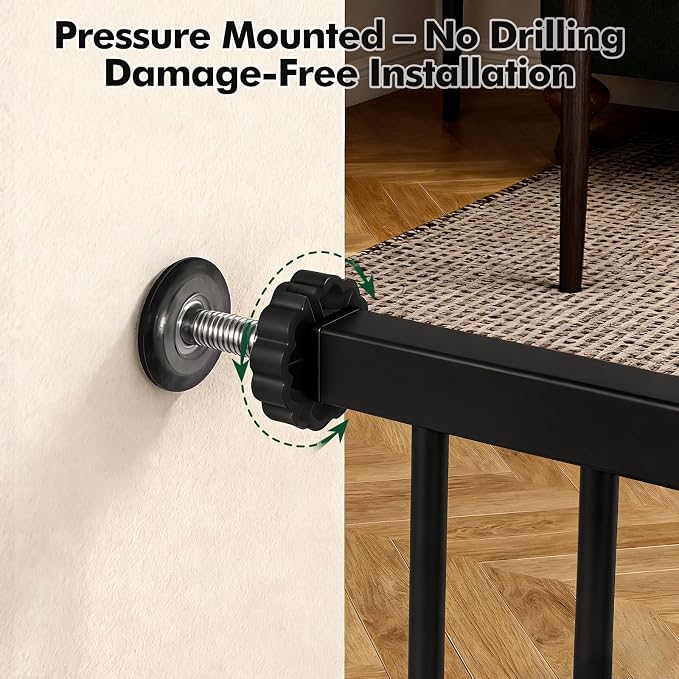 31-46“ Metal Pet Gate with Cat Door, Auto Close, Black | Pressure Mounted,Two-way swing door,Pressure mounted no drill setup,adjustable 31-46in width for indoor doorways & stairs
