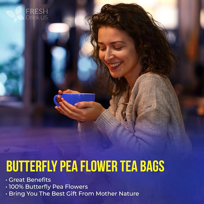 FreshDrinkUS, Premium 75 Tea Bags Blue Butterfly Pea Flowers, 100% Natural and Pure from Butterfly Pea Flowers, Made With Natural Material Tea Bag, No Sugar, No Caffeine, No Gluten, Vegan