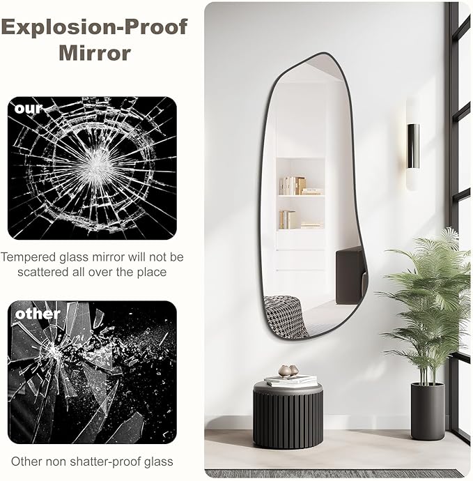 Irregular Wall Mirror, Asymmetrical Mirror Wall Mounted with Black Framed for Living Room, Bathroom, Bedroom, Entryway Wall Decor, 46"×18", Black