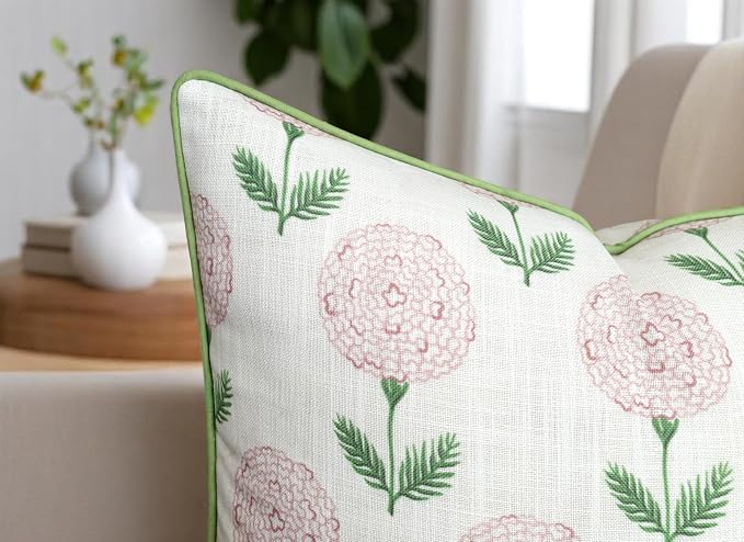 Marigold Floral Print 20x20 Throw Pillow Cover, Pink | Pink marigold floral on white slub, green piping; both sides printed; hidden zip; cover only