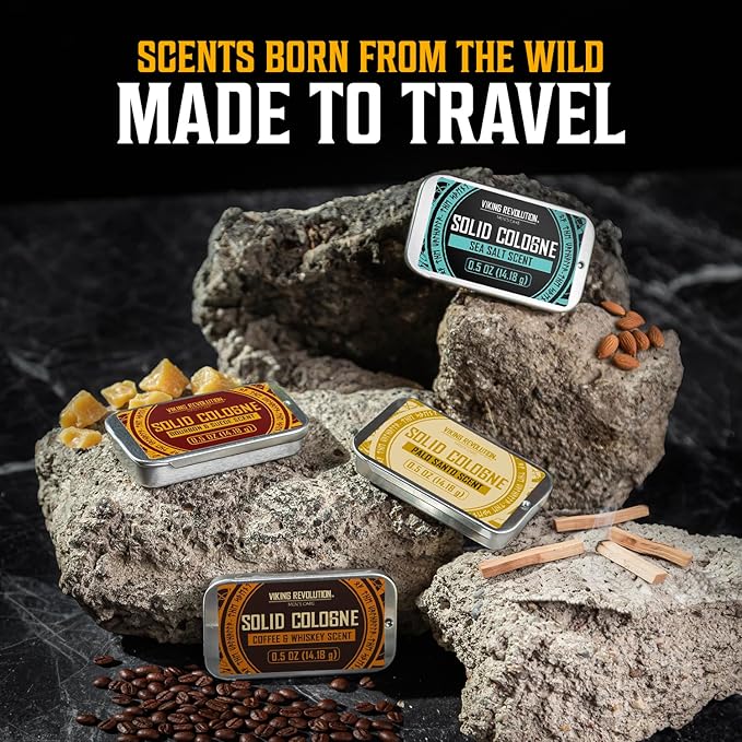 Viking Revolution 4 Pack Solid Cologne for Men - Men's Cologne Gift Set Including Coffee and Whiskey, Palo Santo, Sea Salt, Bourbon and Suede - Travel Size Gifts for Men (0.5 Oz each)