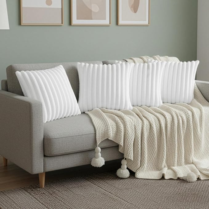 White Throw Pillow Covers 20 x 20 Set of 4, Cute Boho Throw Pillow Cover for Couch/Bed, Decorative Pillows Covers for Sofa/Bed, Accent Pillow Covers for Living Room, Rustic/Home/Room Decor